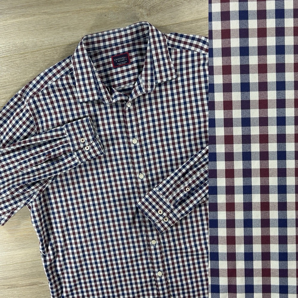 UNTUCKit Performance Shirt Mens XXL Navy Maroon Plaid Button Up Long‎ Stretch